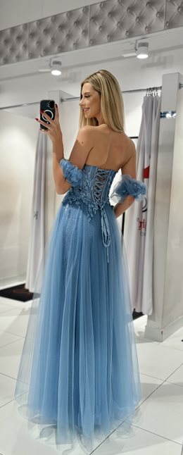 Sukienka długa tiul zdobiony gorset brokat jeans