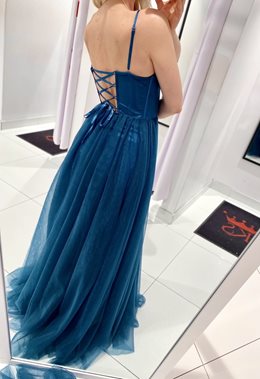 Sukienka długa z gorsetem i tiulem petrol