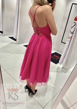 Sukienka midi ramiączka wiązanie tiul róż