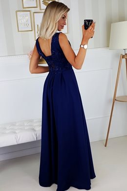 Długa sukienka z rozcięciem kokardka granat