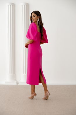 Sukienka midi prosta bufiaste rękawki fuksja