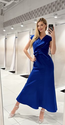 Sukienka długa klasyczna z rękawkiem pasek chaber