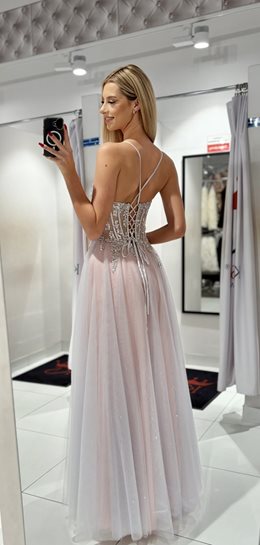 Sukienka długa gorset tiul brokat szary/róż