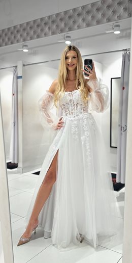 Sukienka długa tiul koronka brokat rękawy biel