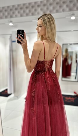 Sukienka długa gorset kwiaty haft brokat bordo