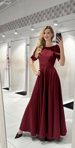 Sukienka długa bufiaste rękawki bordo