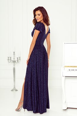 Sukienka długa brokat odcięcie i rękawek granat