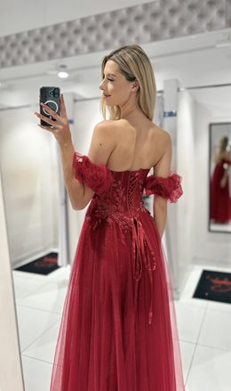 Sukienka długa tiul zdobiony gorset brokat bordo