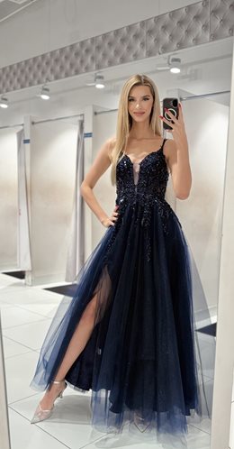 Sukienka długa tiul cekiny gorset granat