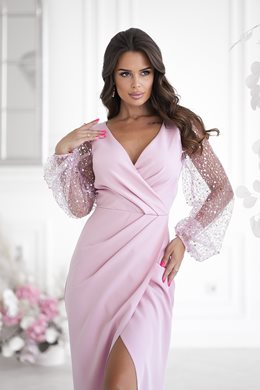 Sukienka długa cekinowe rękawy pudrowy róż