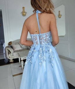 Długa sukienka princeska hafty wiązanie szyja błęk