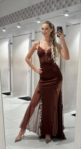Sukienka długa syrenka zdobiona gorset tiul czekol
