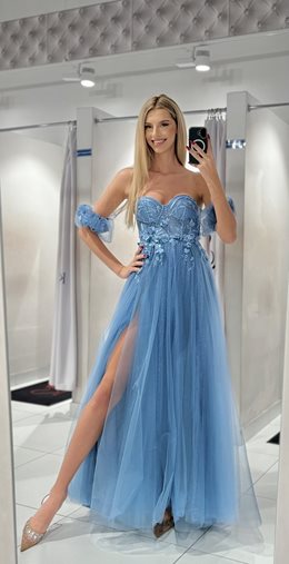 Sukienka długa tiul zdobiony gorset brokat jeans