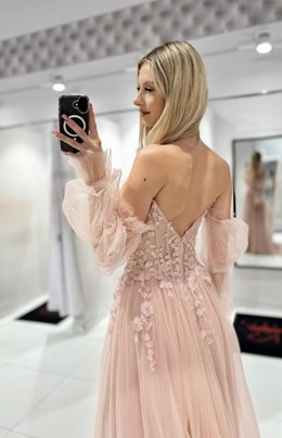 Sukienka długa tiul koronka brokat rękawy p.róż