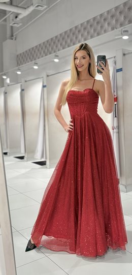 Sukienka długa gorset wiązane plecy brokat czerwie