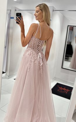 Sukienka długa tiul asymetria kwiaty brokat p.róż