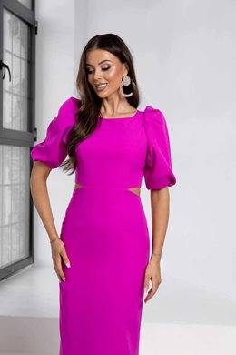 Sukienka midi bufiaste rękawy wycięcia fuksja