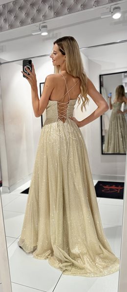 Sukienka długa gorset wiązane plecy brokat szampan