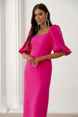 Sukienka midi prosta bufiaste rękawki fuksja