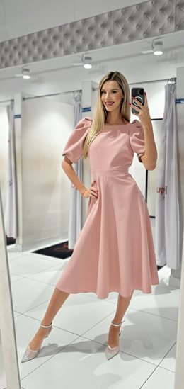 Sukienka midi bufiaste rękawki pudrowy róż