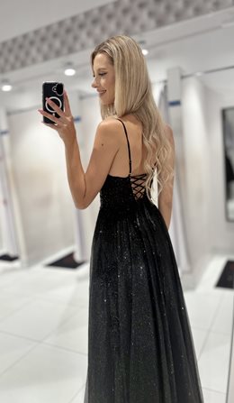 Sukienka długa gorset kwiaty haft brokat czerń