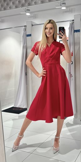 Sukienka midi marszczony rękawek zakładka malina