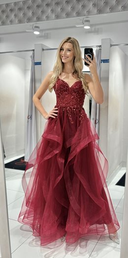 Sukienka długa falbany brokat tiul bordo