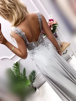 Długa sukienka kwiatowa koronka szary