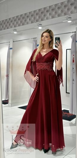 Sukienka długa rękawek zdobiona talia bordo