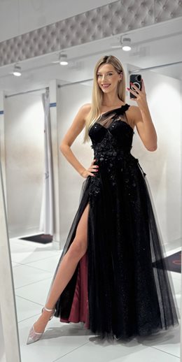 Sukienka długa tiul asymetria kwiaty czerń/bordo