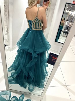 Sukienka długa gorset cyrkonie falbany zieleń