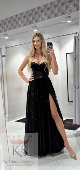 Sukienka długa gorset wiązane plecy brokat czerń