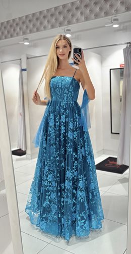 Sukienka długa tiulowa zdobiona brokatem turkus
