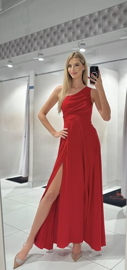Sukienka długa asymetryczne wiązanie czerwień
