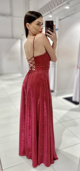 Sukienka długa na ramiączkach wiązana brokat czerw