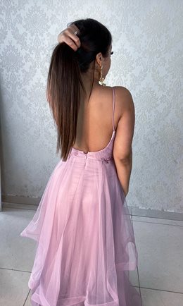 Sukienka długa zdobienie tiul falbany pudrowy róż