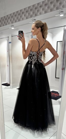 Sukienka długa gorset tiul brokat srebro/czerń