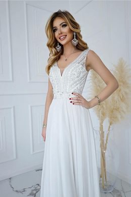 Sukienka długa góra koraliki szyfon biel