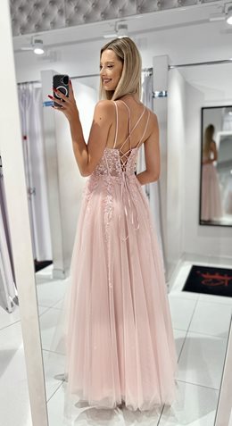 Sukienka długa tiul cekiny gorset pudrowy róż