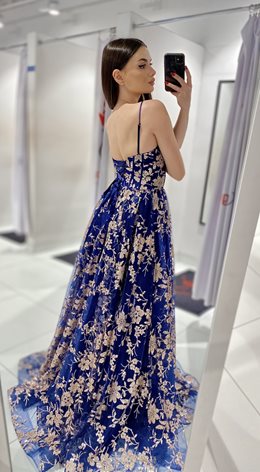 Sukienka długa tiulowa zdobiona brokatem granat