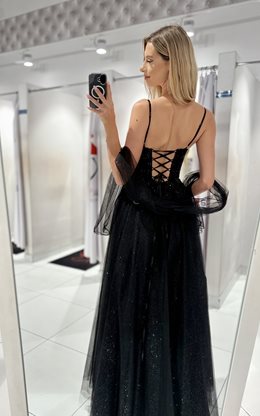 Sukienka długa tiulowa zdobiona delikatna czerń