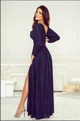 Sukienka długa brokat odcięcie długi rękaw granat