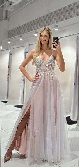 Sukienka długa gorset tiul brokat szary/róż