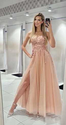 Sukienka długa zdobienia brokat puder róż