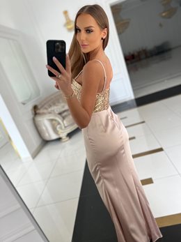 Sukienka długa cekiny gorset satynowy dół  złoto