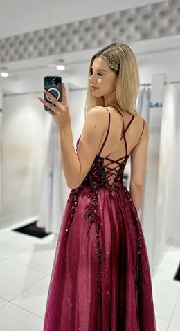 Sukienka długa tiul cekiny gorset burgund