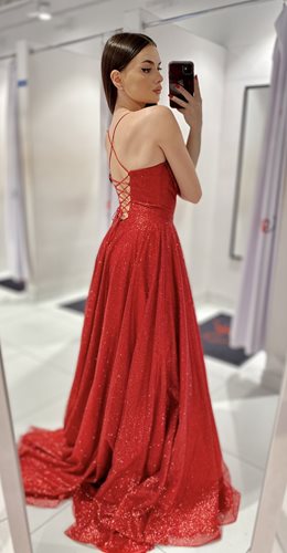 Sukienka długa gorset wiązane plecy brokat czerwie