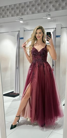 Sukienka długa zdobienia brokat bordo/krem