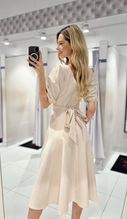 Sukienka midi rękawek wiązanie tył beż