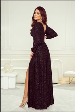 Sukienka długa brokat odcięcie długi rękaw czerń